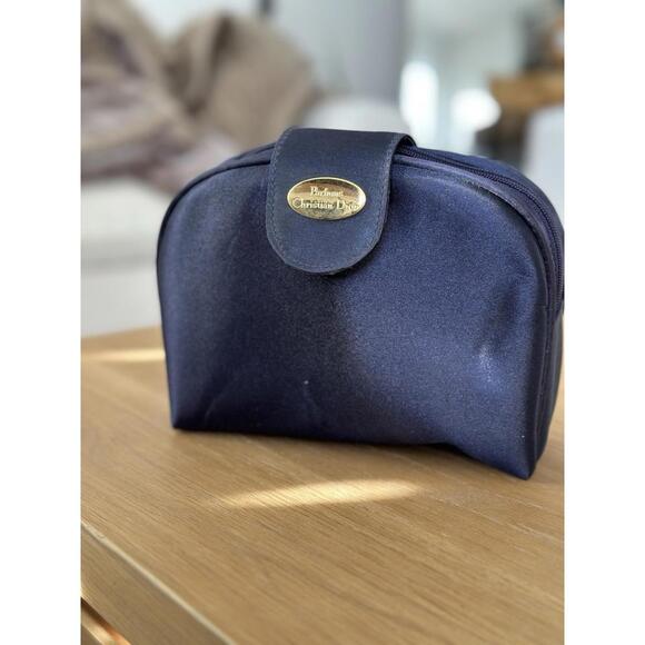 Vintage Christian Dior Parfums Navy Cosmetic Bag Makeup Travel Pouch Zip Case - Picture 4 of 7